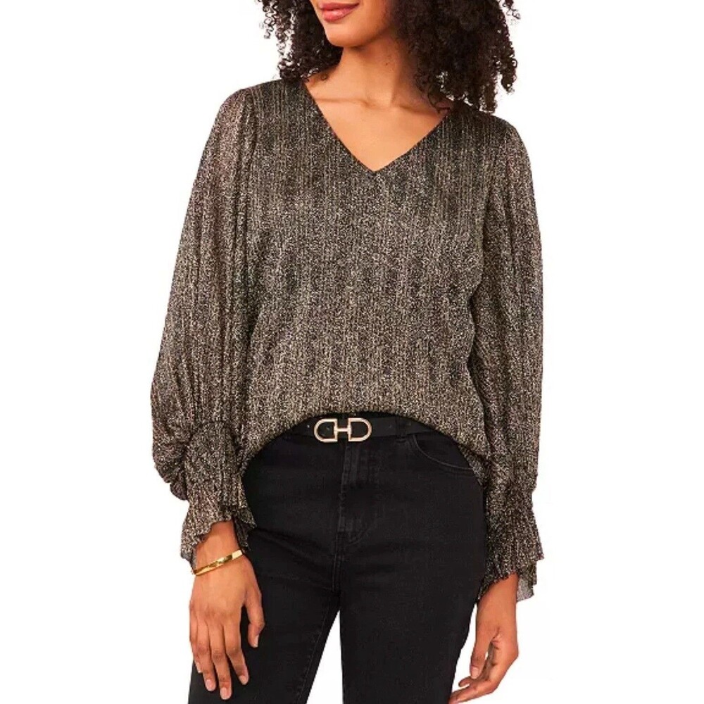 Vince Camuto Women's V-Neck Long-Sleeve Confetti Ready - Rich Black Size XS $79
